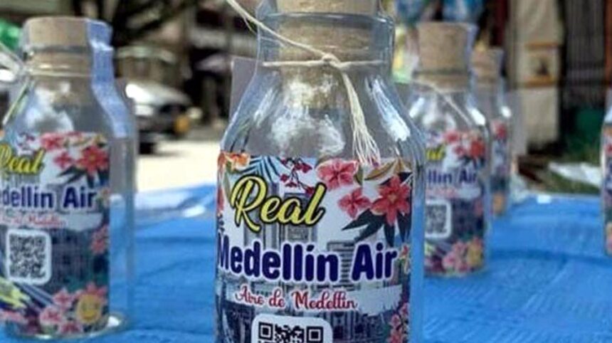 A wealthy young guy selling bottled Medellin air from his city