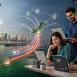 Digital illustration showing Pakistani businesses receiving international payments through a global payout network.