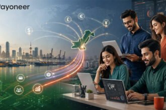 Digital illustration showing Pakistani businesses receiving international payments through a global payout network.