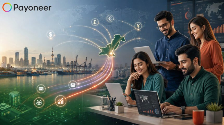 Digital illustration showing Pakistani businesses receiving international payments through a global payout network.