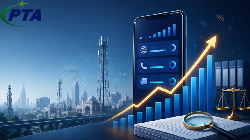 Illustration showing rising mobile tariffs, a smartphone, telecom towers and regulatory oversight in Pakistan.